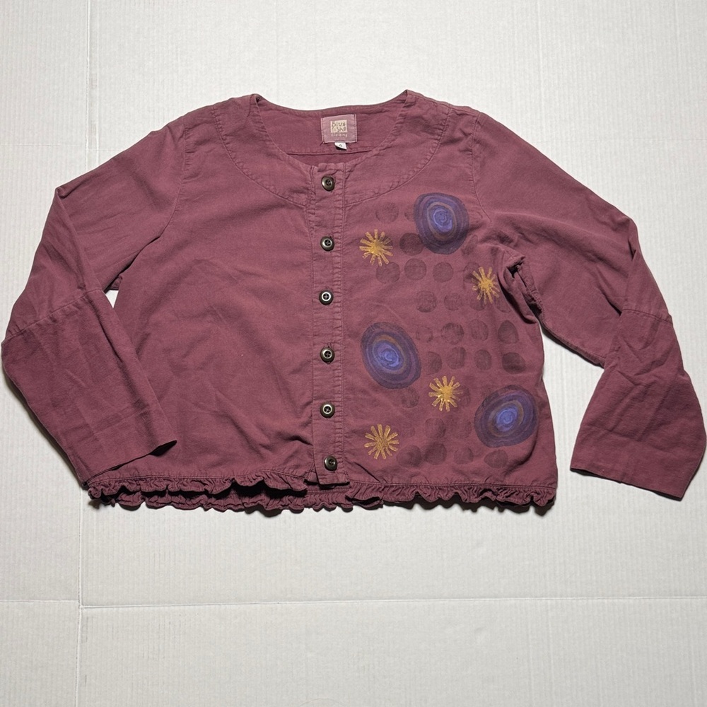 BLUE‎ FISH Purple Button-Up Cardigan Hand Painted Floral Design Ruffle Hem SZ 0